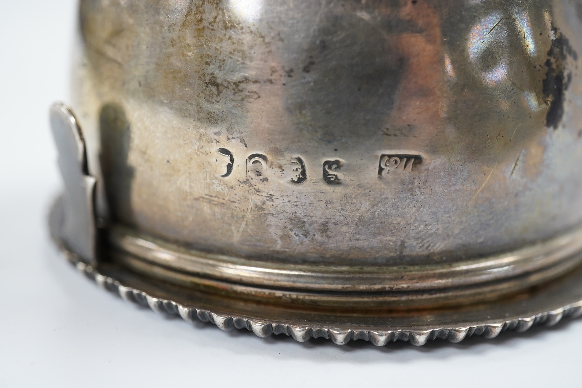 A late George III silver wine funnel, London, 1818, 14.3cm, repaired. Condition - poor
